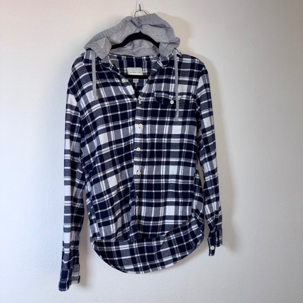 American Eagle Hooded Flannel Shirt Small Navy White Plaid Side Pockets